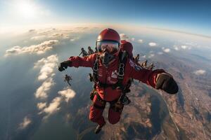 Skydiving team creates a stunning formation as they descend together AI Generated photo