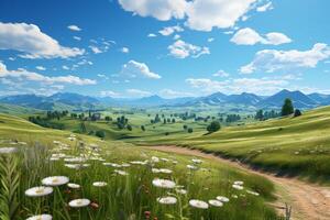 encantador estilo plano representación, verano prados, montañoso paisaje, azul cielo, mullido nubes ai generado foto