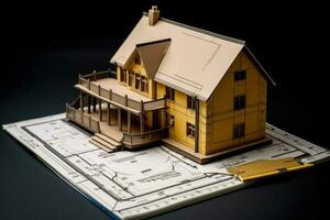 Cardboard model showcasing home design with blueprint, key, and tape measure AI Generated photo
