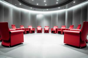 Modern venue featuring stylish red armchairs in a conference setting photo