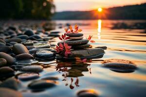 Golden-hour magic as the sun sets behind Zen stones in water AI Generated photo