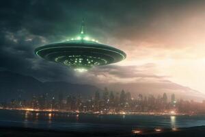 Invasion from the stars, Aliens' spaceship lands near seaside metropolis AI Generated photo