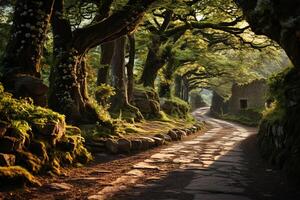 Enchanting pathway adorned with a symphony of tree-lined beauty AI Generated photo