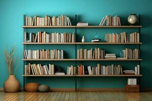 Advertisement banner with wide bookshelf, stack of hardcovered books, and room for text AI Generated photo