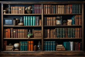Conceptual background on history, nostalgia, and old age with an old bookshelf photo