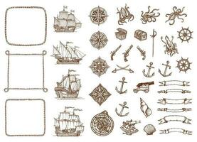 Vintage map sketch ships, compass, ropes, anchors vector