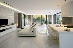 Exquisite open-plan area with a luxurious white kitchen, dining, and living space AI Generated photo