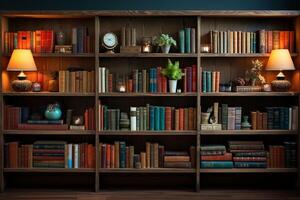 Retro-style bookshelf with old books and a ray of light AI Generated photo