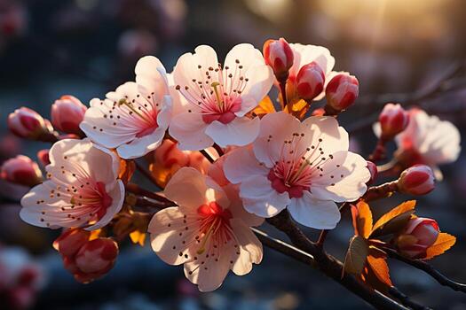 muelles delicado floraciones ven viva en contra un iluminado por el sol, borroso naturaleza fondo ai generado foto
