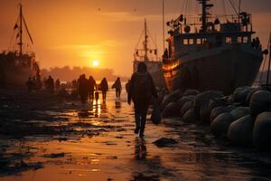 The poignant silhouette of migrants embarking on a transformative odyssey AI Generated photo