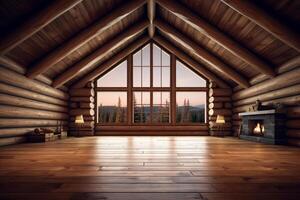 Serene log cabin interior backdrop adorned with a home mockup, 3D rendered photo