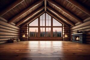 Serene log cabin interior backdrop adorned with a home mockup, 3D rendered AI Generated photo