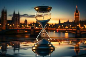 Hourglass against panoramic skyline, symbolizing time and business in the city AI Generated photo