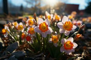 Vibrant spring blooms against a blurred natural backdrop, basking in sunshine AI Generated photo