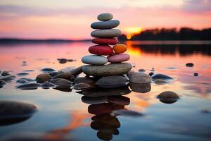 Calming spa setting, balanced stones, colorful summer sky, peaceful beach silhouette photo