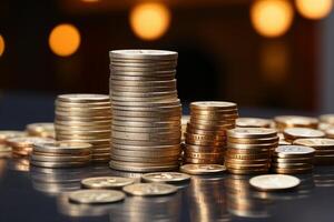 Bank symbol and coin stack representing banking, interest rates, inflation photo