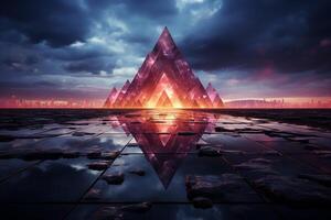 Captivating 3D rendering featuring neon geometric shapes against a stormy night sky with a rhombus frame and copy space photo