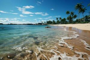 tranquilo playa vista, dorado arena, palma árboles, brillante mar, claro azul cielo ai generado foto