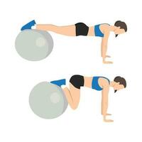 Woman doing swiss or stability ball jackknife exercise. vector