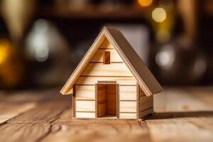 Construction symbol, Wooden house model on wood background, representing ecology AI Generated photo