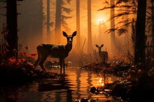 Darkened figures of wildlife emerge, set against the evening's fading light photo