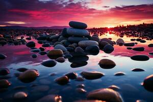 un fascinante puesta de sol fondo, destacando zen piedras inmerso en agua ai generado foto
