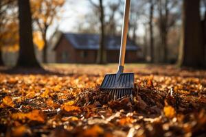 Clearing the yard of autumn foliage with a rake AI Generated photo