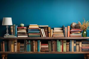 Captivating literature background banner with bookshelf, stack of hardcovered books, and copy space photo