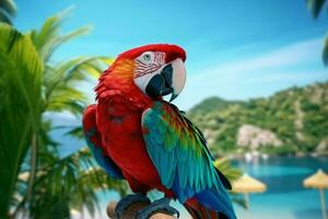 Green wing macaw stands tall against picturesque tropical blue sea AI Generated photo