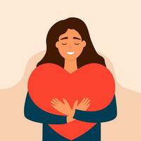 Happy girl gives love and kindness. Young woman embraces a big red heart with hands. Concept of charity, philanthropy, empathy and donation. vector illustration