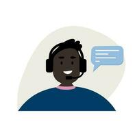 Customer service, call center, hotline, customer support department staff concept. Black man office operator with headset talking to customers. Vector people character illustration.
