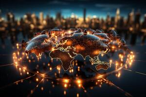 Technological world network, Glowing lines on world map represent global communications photo