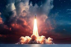 Bound for the cosmos, Rocket ship launches into a galaxy-filled sky AI Generated photo
