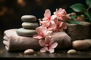 Front view of a wellness background, spa stones, pink flowers, towels AI Generated photo
