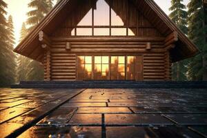 Tranquil log cabin background highlighting a home mockup, 3D rendered AI Generated photo