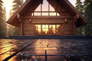 Tranquil log cabin background highlighting a home mockup, 3D rendered photo