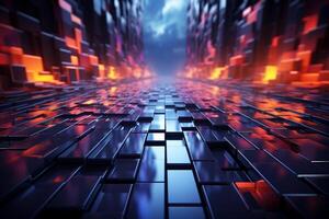 Abstract futuristic backdrop with neon geometric shapes and stormy cloud elements photo