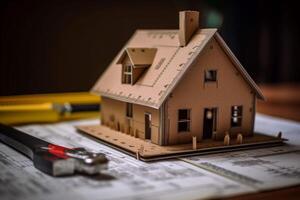 Cardboard house model with blueprint, key, and measuring tape photo