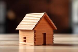 Symbolic wooden house model on wood background, signifying construction and environment AI Generated photo