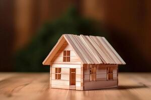 Symbolic wooden house model on wood background, signifying construction and environment AI Generated photo