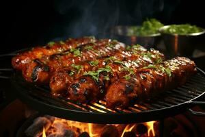 A la parrilla salchichas, abrazado por ahumado parilla sabores, encendido apetitos ai generado foto