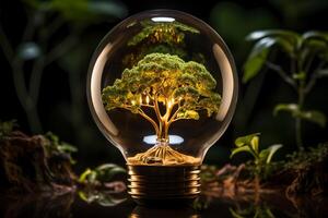 Nature's ingenuity, Light bulb nurtures tree, representing earth day initiatives AI Generated photo