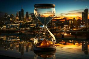 Cityscape in the morning background with hourglass, symbolizing time and business AI Generated photo