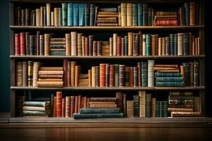 Bookshelf and stack of hardcovered books create a captivating literature background banner AI Generated photo