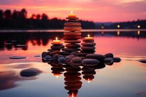 Serene sunset casting a tranquil glow on floating Zen stones AI Generated photo