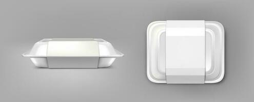 3d realistic vector icon. Food container mockup. White plastic box. Isolated. Top view and side view.