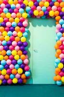 Door room with colorful balloons - concept of celebration, party, happy birthday. photo