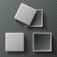 3d realistic vector mock up white boxes with and without cover. Isolated illustration icon on background. Top view.