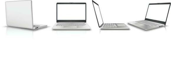 big 3d realistic vector collection of laptop in side, front, back and 4 view. Isolated on white background. Perfect for your advertisement.