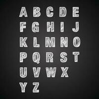 Vector hand drawn white charcoal text alphabet letters on black board.
